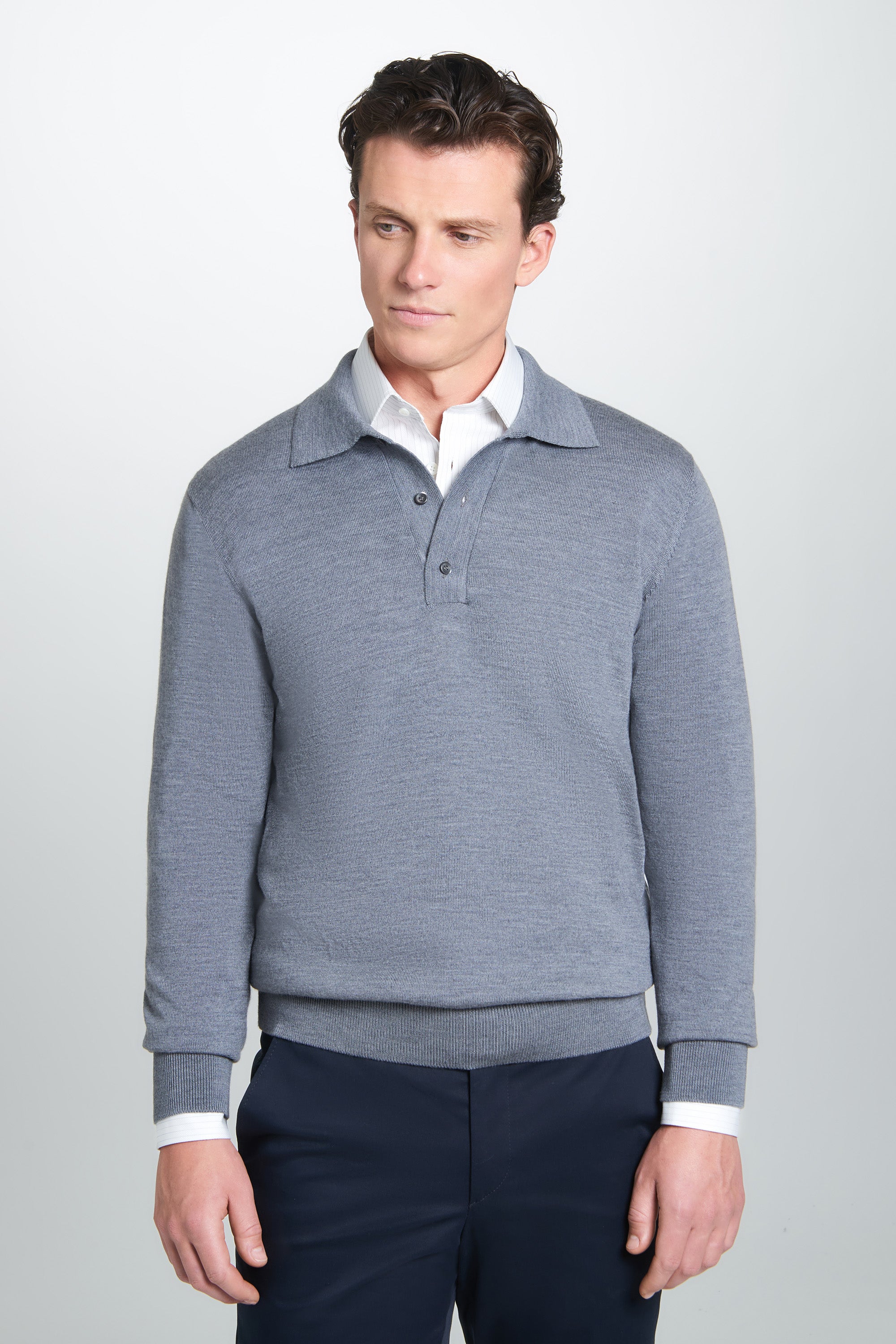 Pale Grey Merino Wool Long Sleeve Polo Shirt