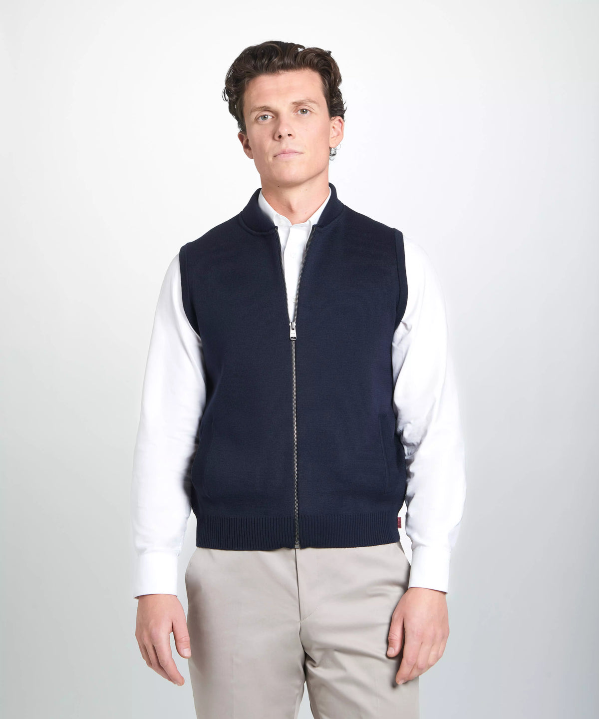 Navy Blue Knitted Merino Wool Zipper Gilet